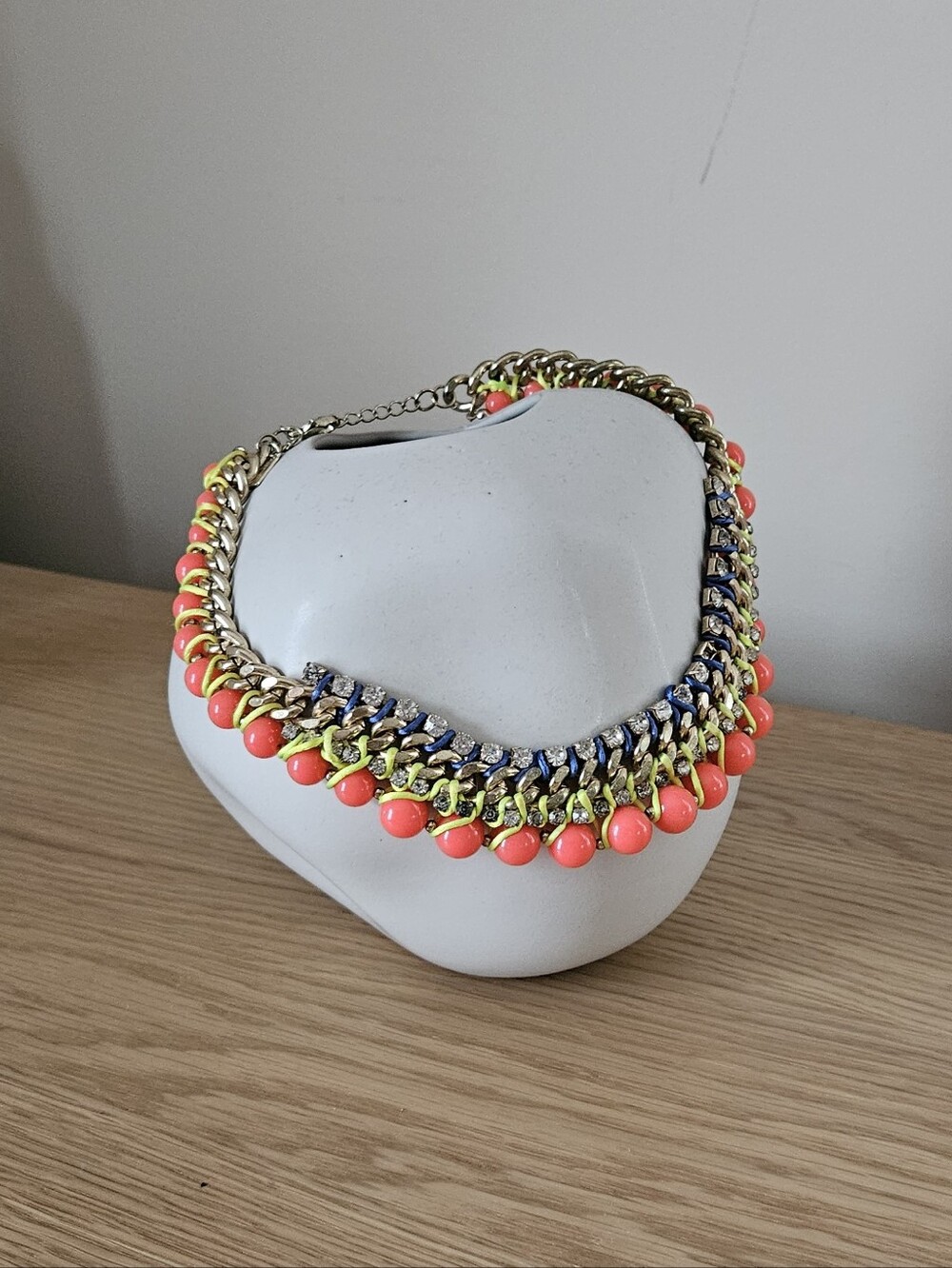 BaubleBar Coral Neon Statement Bib Necklace Rhinestone Gold Tone Chunky Chain